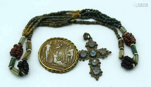 An Egyptian necklace together with a gilt opal stone