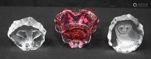 A Chribska ruby glass ornament together with two carved