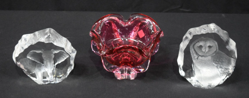 A Chribska ruby glass ornament together with two carved