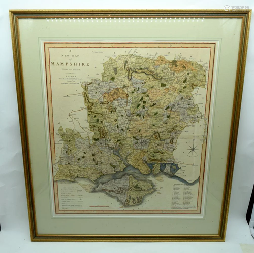 Framed Lithographic print of a map of Hampshire 50 x