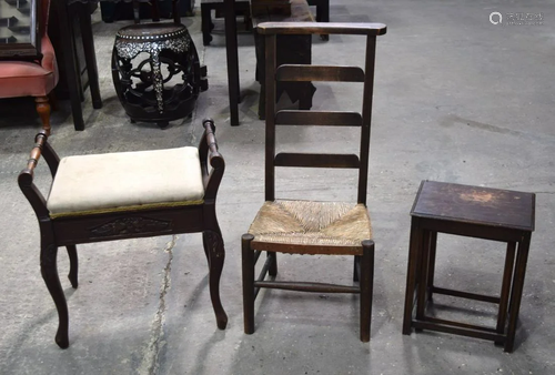 A small upholstered stool together with a childs wicker