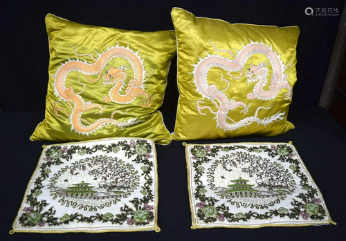 A pair of Chinese Silk cushions decorated with a dragon