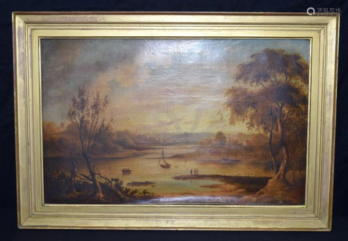 19th C Framed oil on canvas depicting a river estuary.