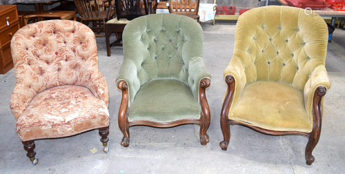 Three antique upholstered Tub chairs 92 x 64 x 90,