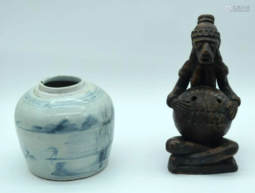 A Japanese ginger jar and a pottery Tribal figure 25cm
