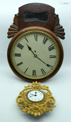 An Art Deco wooden framed wall clock together with a