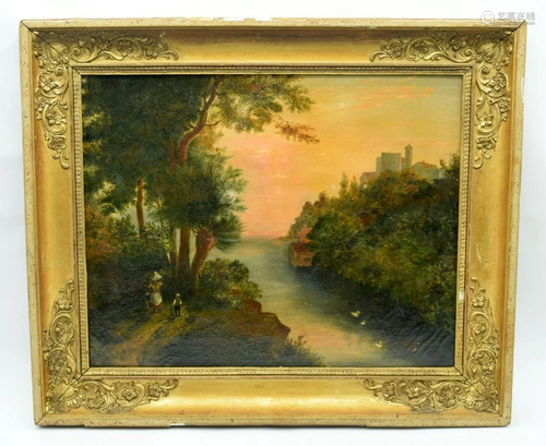 A framed 19th C oil on canvas of a river scene 31 x39cm