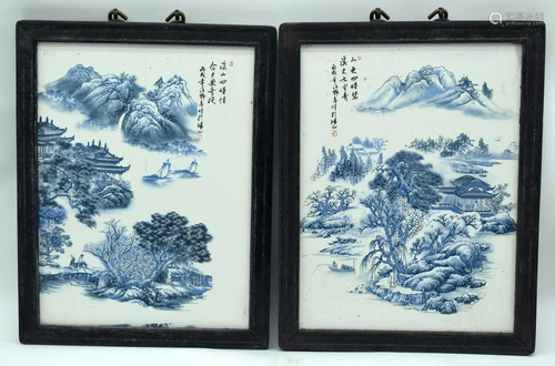 A pair of framed Chinese Blue and white ceramic