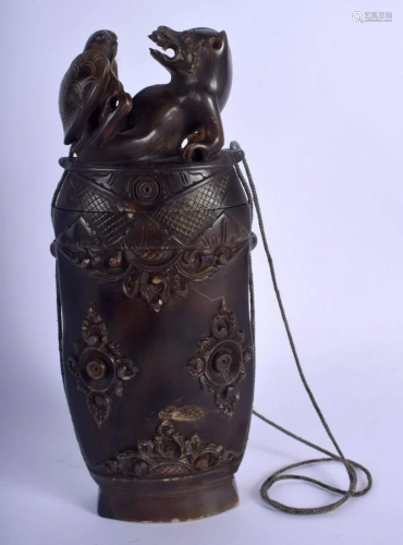 A RARE EARLY 20TH CENTURY CARVED BURMESE HORN JAR AND