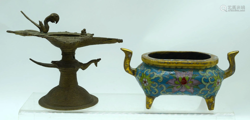 A small Chinese twin handled Cloisonne censer together