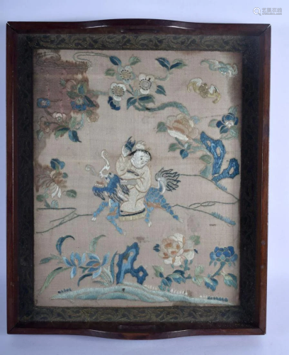 A 19TH CENTURY CHINESE SILK EMBROIDERED INSET TRAY