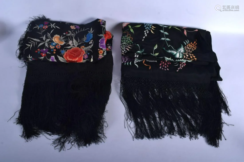 A VINTAGE CHINESE BLACK EMBROIDERED SILK PIANO SHAWL