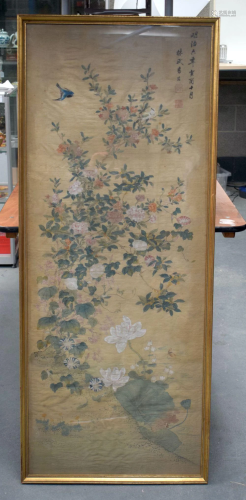 A LARGE 19TH CENTURY CHINESE SILK WATERCOLOUR PAINTED