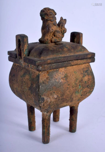 A CHINESE TWIN HANDLED BRONZE CENSER AND COVER 20th