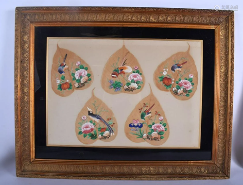 A SET OF FIVE 19TH CENTURY CHINESE PAINTED LEAVES