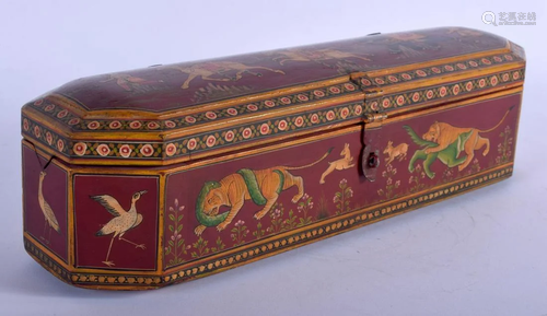 A LARGE INDO PERSIAN LACQUERED WOOD PEN BOX painted