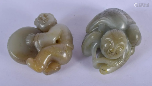 TWO CHINESE CARVED GREEN JADE FIGURES 20th Century.