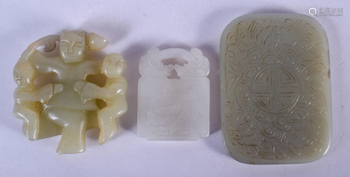 THREE CHINESE CARVED JADE PLAQUES 20th Century. Largest