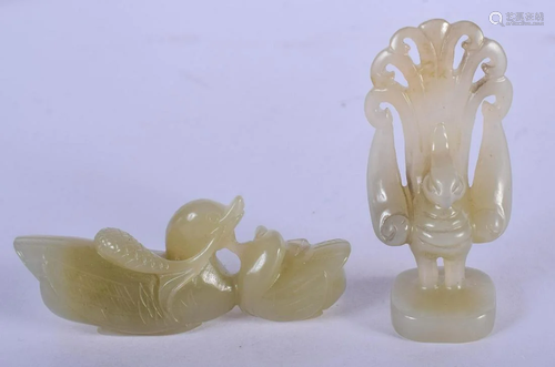 TWO CHINESE CARVED JADE BIRDS 20th Century. Largest 6.5