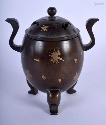 A CHINESE TWIN HANDLED BRONZE GOLD SPLASH CENSER AND