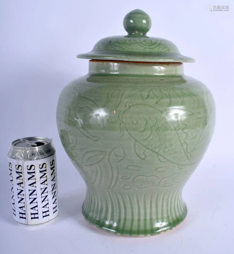 A 19TH CENTURY CHINESE CELADON VASE AND COVER Late