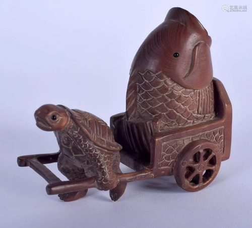 A JAPANESE CARVED BOXWOOD TORTOISE AND FISH OK…