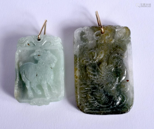 TWO CHINESE 9CT GOLD MOUNTED JADE PENDANTS 20th