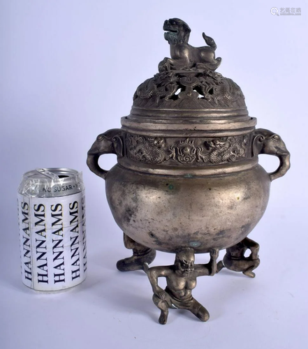 A CHINESE TWIN HANDLED BRONZE CENSER AND COVER 20th