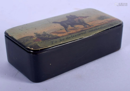 AN ANTIQUE PAPIER MACHE SNUFF BOX. 8 cm x 5 cm.