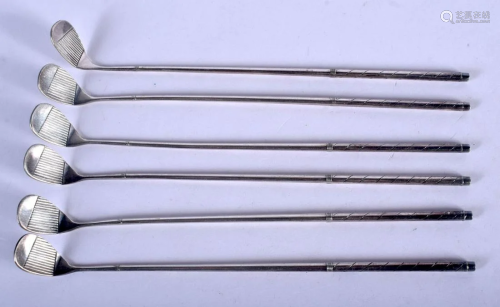 SIX VINTAGE SILVER PLATED GOLF CLUBS. 21 cm long. (6)