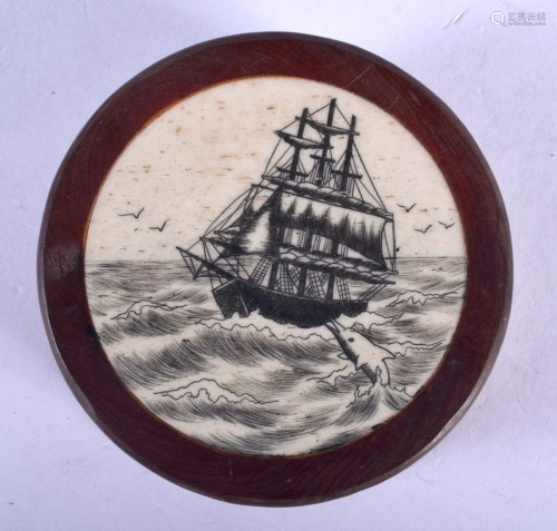 A CARVED WOOD MARITIME BOX AND COVER. 5 cm diameter.