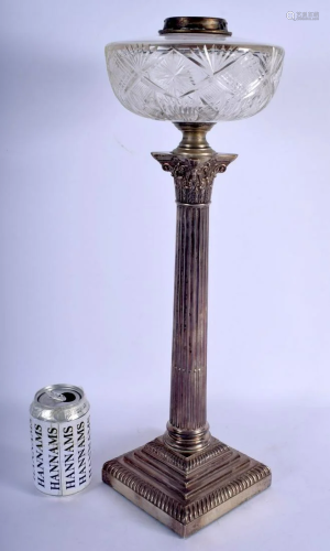 A LARGE ANTIQUE SILVER COLUMN OIL LAMP with cut glass