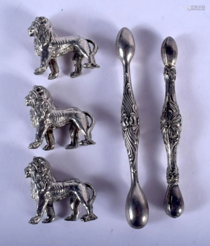 THREE WHITE METAL LIONS and a pair of sterling silver