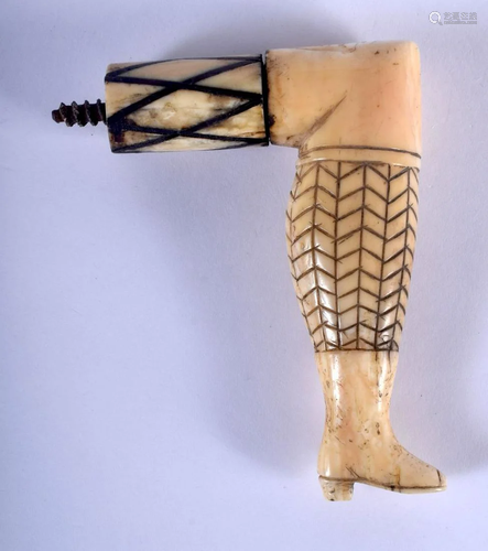 A RARE ANTIQUE CARVED BONE LEG WALKING CANE HANDLE…