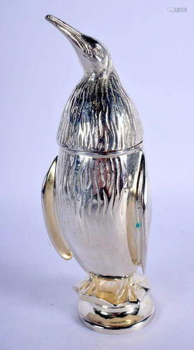 A SILVER PLATED PENGUIN SUGAR SHAKER. 18 cm high.