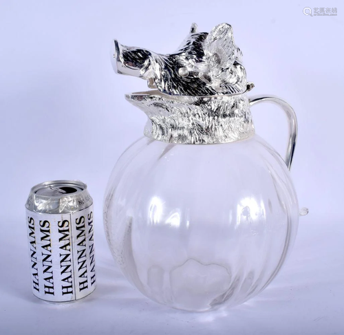 A CONTEMPORARY WILD BOAR SILVER PLATED GLASS DECANTER.