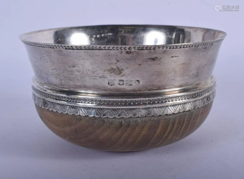 A 1950S SILVER MOUNTED WOOD MAZER BOWL. Sheffield 1952.