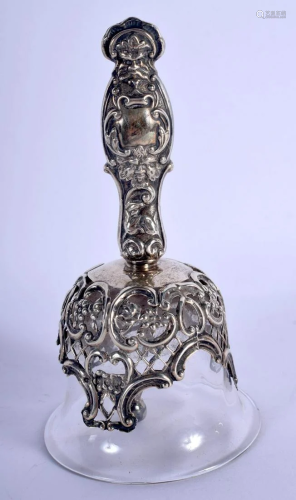 A RARE ANTIQUE SILVER AND GLASS BELL by William Comyns.