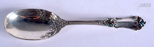 A RARE VINTAGE SILVER AND ENAMEL SPOON. 41 grams. 17 cm