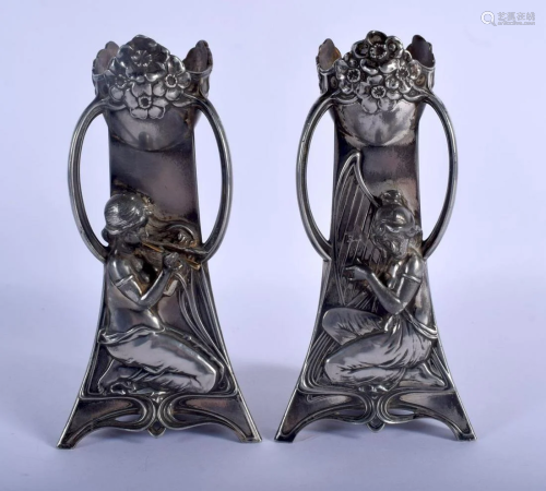 A PAIR OF ART NOUVEAU WMF SILVER PLATED VASES decorated
