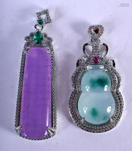 TWO SILVER AND JADE PENDANTS. 24 grams. Largest 5.5 cm.