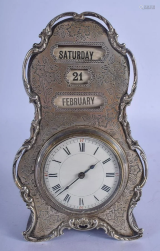 AN ANTIQUE SILVER DESK CLOCK. 18 cm x 11 cm.