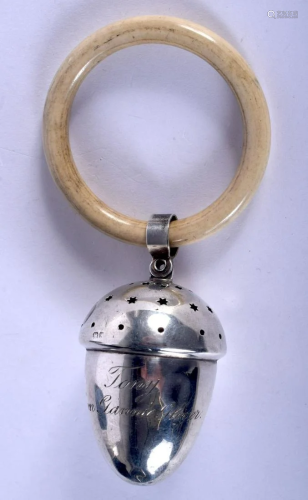 AN ART DECO SILVER ACORN FORM BABIES TEETHING RATTLE.