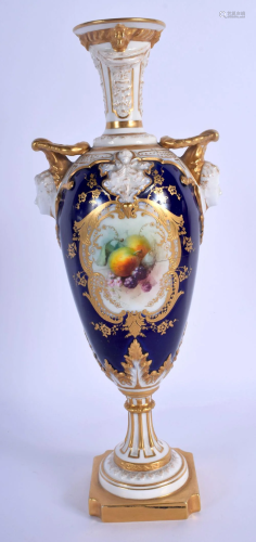 Royal Worcester two handled vase with blue ground and
