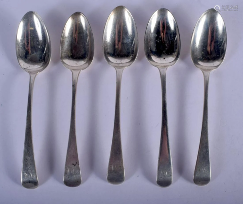 FIVE GEORGE III SILVER SPOONS. Assorted dates. 170