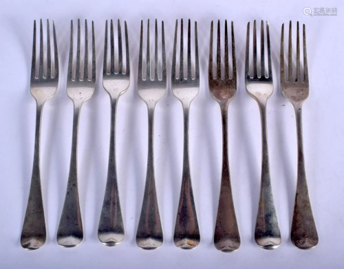 EIGHT 18TH/19TH CENTURY SILVER FORKS. 418 grams. 18 cm