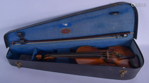 A VINTAGE VIOLIN BOW the case and accessories marked