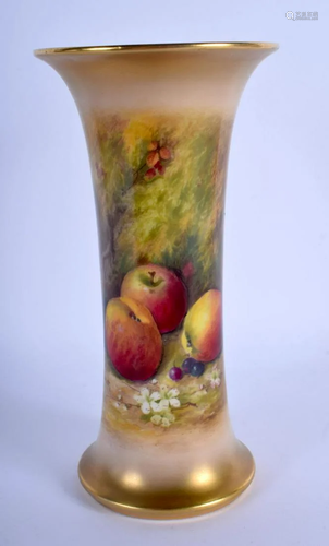 Royal Worcester trumpet shaped vase painted with fruit