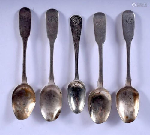 FIVE 18TH/19TH CENTURY SILVER SPOONS. Exeter. 80 grams.