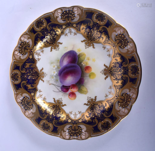 Royal Worcester plate painted with fruit under a blue